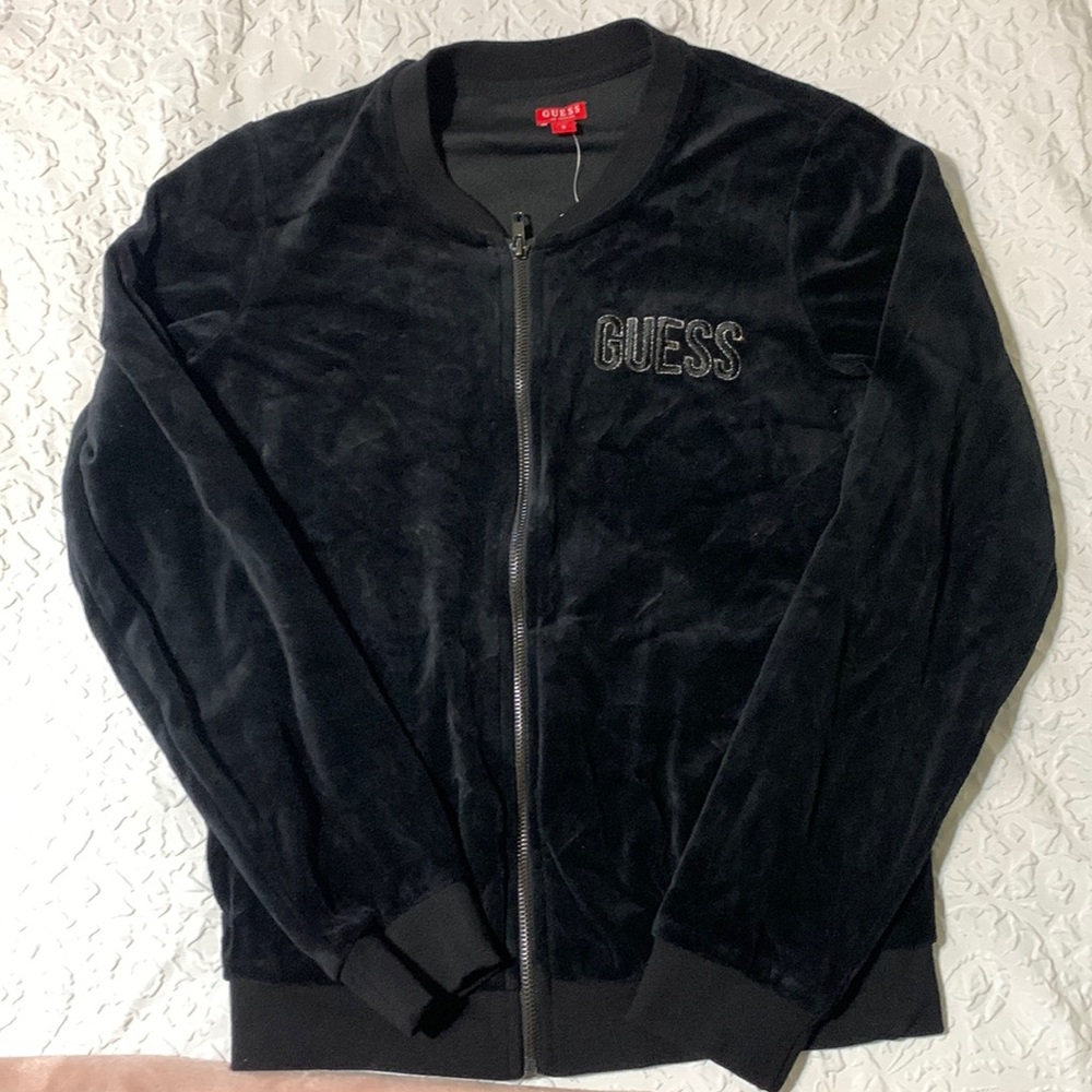 Black Guess Velvet Bomber Jacket